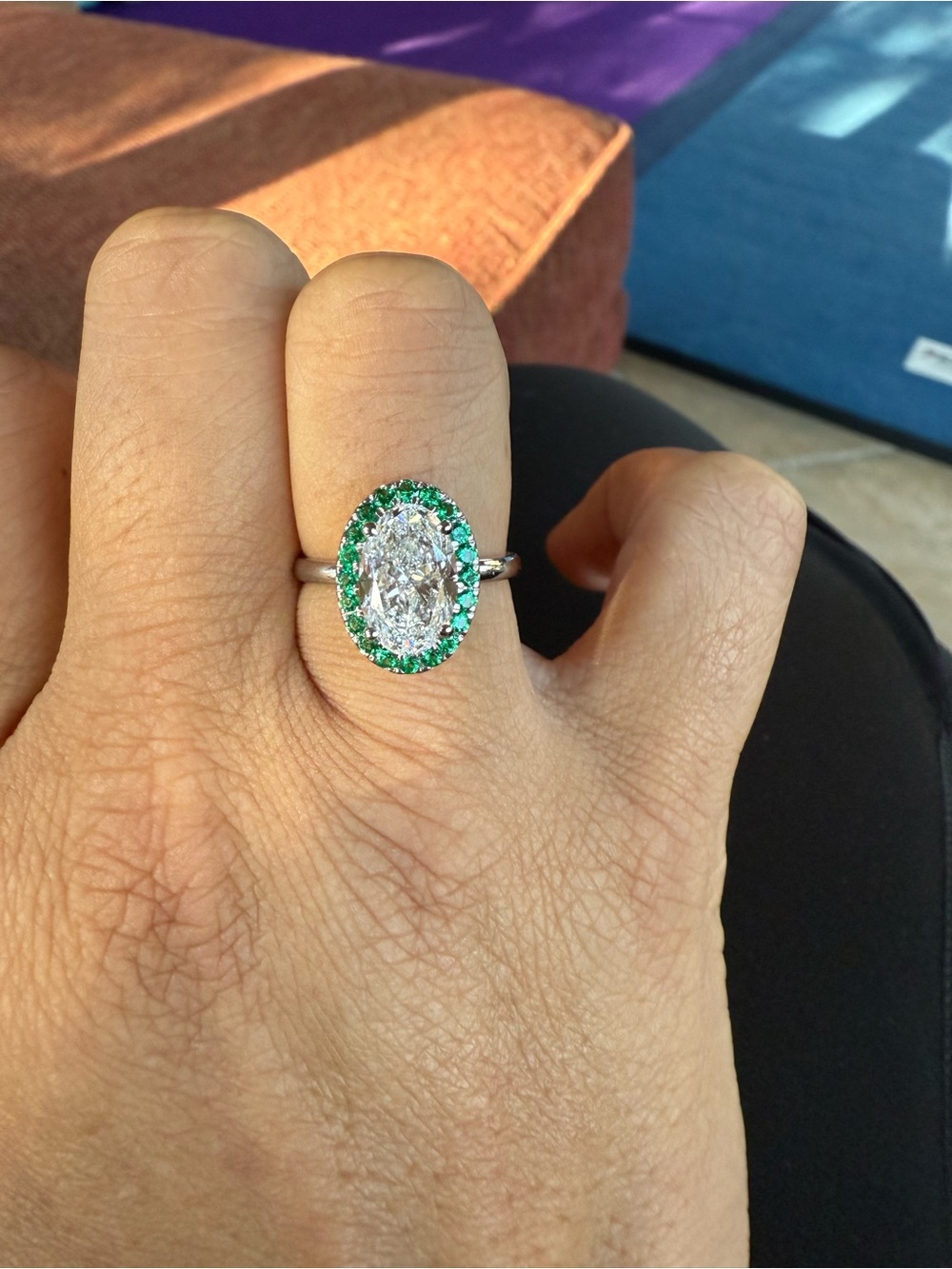 14K White Gold Diamond Ring with Emerald Halo